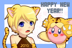 Rule 34 | 10s, 1boy, 2010, animal costume, animal ears, animal print, bad id, bad pixiv id, blonde hair, blue eyes, blush stickers, chinese zodiac, costume, english text, fang, highres, kirby, kirby (series), lucas (mother 3), mother (game), mother 3, new year, nintendo, tail, tiger (chinese zodiac), tiger costume, tiger print, yarby