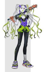 Rule 34 | 1girl, bandaged leg, bandages, baseball bat, blood, blood on hands, bloody weapon, club, club (weapon), collarbone, earrings, fang, green hair, highres, holding, holding baseball bat, holding weapon, horns, jewelry, multicolored hair, muni (fdrk), oni, open mouth, original, red eyes, spiked club, standing, twintails, two-tone background, weapon, white hair