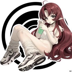 Rule 34 | 1girl, ahoge, arknights, artist logo, black background, blush, bottomless, breasts, brown eyes, collarbone, commentary, crop top, cross-laced footwear, cup, drink, drinking straw, full body, highres, holding, holding cup, knees together feet apart, long hair, looking at viewer, mixed-language commentary, myrtle (arknights), navel, nike (company), no panties, open mouth, outline, pale skin, parted bangs, petite, pointy ears, red hair, ribbed legwear, shoes, simple background, sleeveless, small breasts, sneakers, socks, solo, songchuan li, spiral, spiral background, strap slip, tank top, thighs, very long hair, white background, white footwear, white socks, white tank top