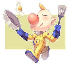 Rule 34 | 1boy, absurdres, alien, big nose, blonde hair, blue gloves, blush, border, buttons, closed eyes, commentary, english commentary, fried egg, full body, gloves, green background, highres, holding, holding pan, holding spatula, louie (pikmin), mixed-language commentary, nintendo, no headwear, numbers (pigpenandpaper), patch, pikmin (series), pointy ears, short hair, smile, spacesuit, spatula, tongue, tongue out, very short hair, walking, white border