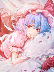 Rule 34 | 1girl, absurdres, bat wings, bed, blue hair, canopy bed, closed mouth, commentary request, cross-laced clothes, dress, dutch angle, ekisutora, eyebrows hidden by hair, flower, hair between eyes, hat, hat ribbon, head rest, highres, hugging object, indoors, looking at viewer, lying, mob cap, on stomach, painting (object), petals, pillow, pillow hug, pink dress, pink hat, puffy short sleeves, puffy sleeves, red eyes, red flower, red ribbon, remilia scarlet, ribbon, rose, short hair, short sleeves, smile, solo, touhou, upper body, wings