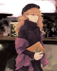 Rule 34 | 1girl, absurdres, adapted costume, bad id, bad twitter id, beret, black hat, black sweater, blonde hair, blurry, blurry background, book, breasts, cowboy shot, depth of field, earrings, eyebrows hidden by hair, hair between eyes, hat, highres, holding, holding book, jacket, jewelry, junko (touhou), light smile, long hair, looking ahead, medium breasts, off shoulder, parted lips, purple eyes, purple jacket, simple background, solo, sweater, totopepe888, touhou, turtleneck, wavy hair