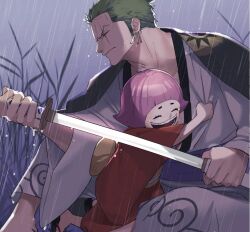 1boy 1girl ^_^ closed_eyes closed_mouth commentary_request earrings green_hair holding holding_sword holding_weapon japanese_clothes jewelry kimono obi one_piece pink_hair rain red_kimono roronoa_zoro sash scar scar_across_eye sheathing shironegi_zzz short_hair sideburns sword toko_(one_piece) v-shaped_eyebrows weapon white_kimono wide_sleeves yellow_sash