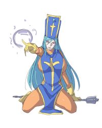Rule 34 | 1girl, absurdres, blue hair, blue hat, blue tabard, bodysuit, breasts, cross, dragon quest, dragon quest iii, full body, gloves, hat, highres, holding mace, huge breasts, kneeling, light blue hair, long hair, lower teeth only, mace, mitre, open mouth, orange bodysuit, outstretched arm, powerhamuhamu, priest (dq3), red eyes, simple background, solo, tabard, teeth, tsurime, v-shaped eyebrows, very long hair, weapon, white background, yellow footwear, yellow gloves