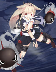 Rule 34 | 10s, 1girl, :p, blonde hair, bow, cannon, fingerless gloves, from above, full body, gloves, hair bow, hair flaps, hair ribbon, highres, kantai collection, kiukoma, legs apart, long hair, looking at viewer, pleated skirt, red eyes, ribbon, school uniform, serafuku, short sleeves, skirt, solo, standing, thigh strap, tongue, tongue out, torpedo, turret, very long hair, yuudachi (kancolle), yuudachi kai ni (kancolle)