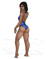 Rule 34 | 1girl, absurdres, artist request, ass, back, bare shoulders, barefoot, beach, black hair, brown eyes, dark skin, hair ornament, highres, legs, open mouth, overwatch, overwatch 1, pharah (overwatch), swimsuit, tagme