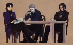 Rule 34 | 00s, 3boys, araya souren, b suke, black hair, chair, closed eyes, company connection, cover, cover page, cross, cross necklace, crossed arms, crossed legs, cup, earbuds, earphones, fate/stay night, fate/zero, fate (series), green tea, grey hair, jewelry, kara no kyoukai, kotomine kirei, male focus, multiple boys, nakata jouji, necklace, nrvnqsr chaos, pale skin, priest, reading, sitting, table, tea, teacup, tsukihime, type-moon, voice actor connection, yunomi