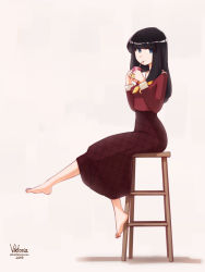 Rule 34 | 1girl, artist name, barefoot, beige background, black hair, blouse, blue eyes, brown skirt, commentary, drinking straw, drinking straw in mouth, english commentary, from side, full body, hands up, high-waist skirt, highres, juice box, leg up, little viktoria, long hair, long sleeves, looking at viewer, neckerchief, original, plaid, plaid skirt, red shirt, sailor collar, school uniform, serafuku, shadow, shirt, simple background, sitting, skirt, smile, solo, stool, watermark, web address, yellow neckerchief