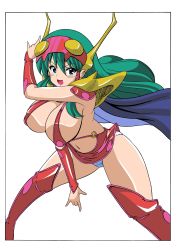 Rule 34 | 1990s (style), 1girl, blue eyes, blush, boots, breasts, cape, cleavage, genji tsuushin agedama, green hair, head-mounted display, highres, huge breasts, koutarosu, kuki rei, long hair, microskirt, miniskirt, navel, open mouth, panties, revealing clothes, shoulder pads, skirt, solo, thighhighs, underwear