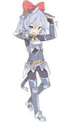 Rule 34 | 1boy, animal ears, armor, blade (galaxist), blue eyes, blush, bow, cat boy, cat ears, cat tail, full body, hair bow, ledo vassar, male focus, open mouth, pop-up story, silver hair, simple background, solo, sweatdrop, tail, tears, white background