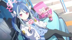Rule 34 | 1girl, black pantyhose, blue archive, car, cup, doughnut, dutch angle, food, fubuki (blue archive), hair ornament, hair ribbon, halo, highres, long hair, motor vehicle, multicolored hair, official art, pantyhose, pastry box, red eyes, ribbon, sitting, smile, smug, solo, twintails, two-tone hair, uniform