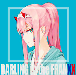 Rule 34 | 10s, 1girl, blue background, cardigan, copyright name, darling in the franxx, green eyes, hair between eyes, hairband, highres, hood, hooded sweater, horns, long hair, mustbe 2, open cardigan, open clothes, pink hair, ponytail, portrait, shirt, sidelocks, smile, solo, sweater, white hairband, white shirt, zero two (darling in the franxx)