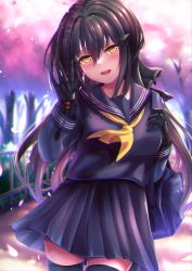 Rule 34 | 1girl, arm up, bag, black hair, black shirt, black skirt, black thighhighs, blush, breasts, cowboy shot, dandelion (girls&#039; frontline), feet out of frame, girls&#039; frontline, hair between eyes, hair ornament, hairclip, hand on own chest, head tilt, highres, long hair, long sleeves, looking at viewer, mechanical arms, medium breasts, neckerchief, nyto (girls&#039; frontline), open mouth, outdoors, paradeus, parted lips, petals, pleated skirt, railing, school bag, school uniform, serafuku, shirt, skirt, smile, solo, standing, teeth, thighhighs, tree, upper teeth only, waving, xlscaler, yellow eyes, yellow neckerchief, zettai ryouiki