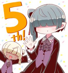 Rule 34 | 2girls, 7th dragon (series), 7th dragon iii, :d, :o, ascot, black jacket, black skirt, blonde hair, blush, brown ascot, chika (7th dragon), collared shirt, commentary request, confetti, facing viewer, frilled sleeves, frills, grey hair, grey shirt, hair bun, hair over eyes, hand up, highres, jacket, long sleeves, multiple girls, naga u, open mouth, outstretched arms, parted lips, purple vest, shirt, short hair, side bun, simple background, single hair bun, single side bun, skirt, smile, vest, white background