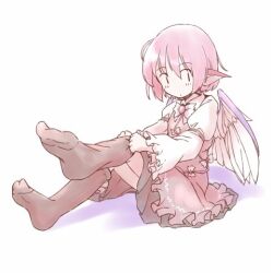 Rule 34 | 1girl, animal ears, bird ears, bird wings, blush, brown dress, brown socks, closed mouth, collared shirt, dot mouth, dress, feathered wings, frilled dress, frills, full body, hair between eyes, kneehighs, long sleeves, lowres, mystia lorelei, no shoes, pink hair, rangycrow, shirt, short hair, simple background, sleeve garter, socks, solo, touhou, white background, white shirt, white wings, wings