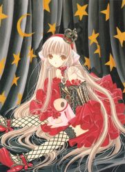Rule 34 | 00s, 1girl, bare shoulders, black thighhighs, blonde hair, brown eyes, chii, chobits, choker, clamp, crescent, crown, curtains, dress, fishnet thighhighs, fishnets, hair tubes, high heels, lace, lace-trimmed legwear, lace trim, layered dress, long hair, looking at viewer, parted lips, red footwear, shoes, sitting, solo, spoilers, star (symbol), star print, stuffed animal, stuffed toy, thighhighs, very long hair