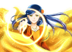 Rule 34 | 1girl, blue hair, blurry, blurry foreground, closed mouth, collarbone, dated, dress, earrings, floating hair, flower, hair flower, hair ornament, honzuki no gekokujou, jewelry, long hair, looking at viewer, myne (honzuki no gekokujou), necklace, orange dress, orange flower, parted bangs, simple background, solo, twitter username, upper body, very long hair, white background, yellow eyes, yuuko24