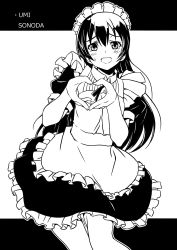 Rule 34 | 10s, 1girl, absurdres, apron, bad id, bad pixiv id, blush, character name, dress, greyscale, heart, heart hands, highres, kanna kanaki, long hair, looking at viewer, love live!, love live! school idol festival, love live! school idol project, maid, maid apron, maid headdress, monochrome, open mouth, ribbon, solo, sonoda umi, standing, sweatdrop