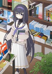 Rule 34 | 1girl, black eyes, black hair, blue archive, book, book stack, bookshelf, bow, commentary request, glasses, hair between eyes, hair bow, hair ribbon, hairband, halo, highres, holding, holding book, jewelry, library, long hair, looking at viewer, low twintails, necklace, paralier, plant, pleated skirt, ribbed sweater, ribbon, school uniform, serafuku, sidelocks, skirt, slippers, solo, sweater, turtleneck, turtleneck sweater, twintails, ui (blue archive), very long hair, wooden floor