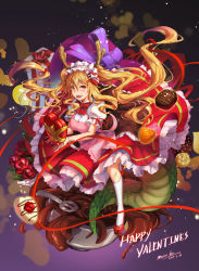 Rule 34 | 10s, 1girl, 2017, apron, artist name, blonde hair, box, breasts, candy, chocolate, dated, dragon girl, dragon horns, dragon tail, dress, flower, food, full body, futari no sei, gift, gift box, gloves, hair between eyes, happy valentine, heart, highres, holding, holding gift, horns, kobayashi-san chi no maidragon, large breasts, large tail, long hair, looking at viewer, maid, maid headdress, open mouth, pink apron, red eyes, red footwear, red ribbon, ribbon, shoes, short sleeves, solo, tail, tohru (maidragon), twintails, valentine, white gloves, white legwear