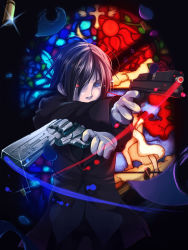 Rule 34 | 1boy, anyannko, bad id, bad pixiv id, brown hair, butler, dual wielding, gloves, gun, handgun, heterochromia, highres, holding, light trail, male focus, original, petals, pistol, revolver, shell casing, solo, stained glass, tears, weapon, white gloves, x arms