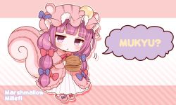 Rule 34 | 1girl, artist name, bad id, bad pixiv id, chipmunk tail, crescent, crescent hair ornament, double bun, dress, hair bun, hair ornament, hair ribbon, hat, head tilt, long hair, mashiro miru, mini person, minigirl, mob cap, mukyuu, patchouli knowledge, purple hair, ribbon, robe, romaji text, slippers, solo, speech bubble, striped background, striped clothes, striped dress, touhou, tress ribbon, two side up, very long hair, walnut