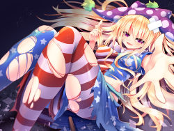 Rule 34 | 1girl, american flag dress, american flag legwear, blonde hair, blush, breasts, clownpiece, dress, fang, hat, jester cap, long hair, looking at viewer, lying, medium breasts, neck ruff, outstretched arm, pantyhose, polka dot, purple eyes, short dress, short sleeves, smile, solo, star (symbol), striped clothes, striped pantyhose, torch, torn clothes, torn dress, torn pantyhose, touhou, twirling hair, very long hair, z.o.b
