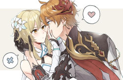 Rule 34 | 1boy, 1girl, bare shoulders, black gloves, blonde hair, blue eyes, commentary, couple, covering own mouth, detached sleeves, dress, earrings, flower, genshin impact, gloves, hair flower, hair ornament, hand on another&#039;s cheek, hand on another&#039;s face, heart, hetero, jewelry, kiss, kissing hand, letterboxed, lumine (genshin impact), mask, mask on head, military, military uniform, orange hair, scarf, short hair, short hair with long locks, simple background, speech bubble, spoken heart, spoken x, sugaharu, tartaglia (genshin impact), uniform, upper body, white dress, white flower, white sleeves, x, yellow background, yellow eyes