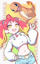 Rule 34 | 1girl, :d, belt, bright pupils, character name, charmander, commentary, creatures (company), cropped hoodie, fangs, game freak, gen 1 pokemon, hand on own hip, hand up, happy, highres, hikasa tomoshika, hood, hoodie, index finger raised, looking at viewer, multicolored hair, nail polish, nintendo, onpa (onpa sound), open mouth, pink hair, pokemon, pokemon (creature), short shorts, shorts, smile, symbol-only commentary, twintails, virtual youtuber, voms, white belt, white hoodie, white pupils, yellow eyes, yellow nails