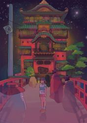 Rule 34 | 1girl, animated, animated gif, bathhouse, blush, bridge, brown eyes, brown hair, chimney, highres, looking at another, night, night sky, ogino chihiro, railing, routexx, sen to chihiro no kamikakushi, shirt, short hair, short sleeves, short twintails, shorts, sign, sky, star (sky), starry sky, striped clothes, striped shirt, translation request, tree, twintails, white legwear