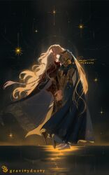 Rule 34 | 1boy, 1girl, armor, artist name, blonde hair, blue cape, blue trim, braid, cape, closed eyes, closed mouth, dress, elden ring, fingers on another&#039;s face, floating, godwyn the golden, gold armor, gravitydusty, highres, holding, holding hands, howel (gravitydusty), jewelry, kiss, kissing forehead, long hair, ornate clothes, prince, white hair