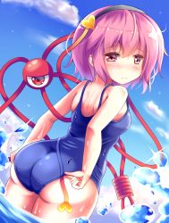 Rule 34 | 1girl, adjusting clothes, adjusting swimsuit, alternate costume, ass, blue sky, blush, breasts, cloud, day, dutch angle, from behind, frown, hair between eyes, hair ornament, hairband, heart, heart hair ornament, huge ass, komeiji satori, looking at viewer, looking back, old school swimsuit, outdoors, pink eyes, pink hair, school swimsuit, short hair, shoulder blades, sky, small breasts, solo, standing, swimsuit, touhou, unory, wading, water, water drop, wet, wide hips