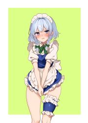 Rule 34 | 1girl, apron, blush, bow, bowtie, braid, clover (lapis lazure), commentary request, covering privates, covering crotch, green background, green bow, green bowtie, grey eyes, highres, izayoi sakuya, looking at viewer, maid, maid headdress, open mouth, short sleeves, side braids, simple background, solo, standing, touhou, twin braids, v arms, waist apron, white apron