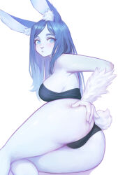 Rule 34 | 1girl, animal ears, animal nose, ass, black leotard, blue eyes, blue hair, blue skin, breasts, colored skin, furry, furry female, highres, leotard, long hair, looking at viewer, medium breasts, original, playboy bunny, rabbit ears, rabbit girl, rabbit tail, shchrit, simple background, snout, solo, tail, thighs, white background