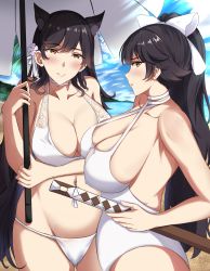 Rule 34 | 2girls, adone (pluemza021), atago (azur lane), atago (summer march) (azur lane), azur lane, bikini, black hair, bow, breasts, casual one-piece swimsuit, choker, cleavage, covered erect nipples, criss-cross halter, extra ears, flower, hair bow, hair flaps, hair flower, hair ornament, halterneck, highres, large breasts, long hair, looking at viewer, multiple girls, official alternate costume, one-piece swimsuit, outdoors, ribbon, sand, swimsuit, sword, takao (azur lane), takao (beach rhapsody) (azur lane), weapon, white bikini, white bow, white choker, white one-piece swimsuit, white ribbon, wooden sword, yellow eyes