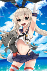 Rule 34 | 10s, 1girl, :d, absurdres, anchor, anchor hair ornament, arm up, armpits, bad id, bad pixiv id, bare shoulders, black panties, blonde hair, blue sky, cloud, cloudy sky, collarbone, crop top, day, dress, elbow gloves, gloves, grey eyes, hair between eyes, hair ornament, hairband, highleg, highleg panties, highres, innertube, ivan wang, kantai collection, lifebuoy, light rays, long hair, microskirt, midriff, miniskirt, navel, open mouth, outstretched arm, panties, rensouhou-chan, sailor collar, sailor dress, school uniform, serafuku, shimakaze (kancolle), skirt, sky, smile, striped clothes, striped thighhighs, sun, sunbeam, sunlight, swim ring, thighhighs, underwear, water, white gloves, zettai ryouiki