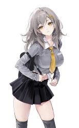 Rule 34 | 1girl, absurdres, alternate costume, black skirt, black thighhighs, breasts, commentary, cowboy shot, grey hair, grey shirt, hair ornament, hairclip, highres, honkai: star rail, honkai (series), large breasts, long hair, looking at viewer, midriff, miniskirt, necktie, parted lips, pleated skirt, rity, shirt, simple background, skirt, solo, standing, stelle (honkai: star rail), thighhighs, thighs, trailblazer (honkai: star rail), white background, yellow eyes, yellow necktie