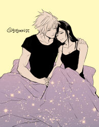 Rule 34 | 1boy, 1girl, absurdres, bare shoulders, black hair, black shirt, black tank top, blanket, blonde hair, breasts, casual, closed eyes, closed mouth, cloud strife, collarbone, couple, final fantasy, final fantasy vii, final fantasy vii remake, gogochi55, head on another&#039;s shoulder, highres, holding hands, interlocked fingers, long hair, medium breasts, parted lips, pillow, shirt, short sleeves, sitting, spaghetti strap, sparkle, spiked hair, square enix, swept bangs, tank top, teardrop earring, tifa lockhart, twitter username, under covers, yellow background