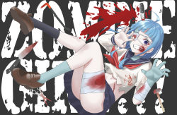 Rule 34 | 1girl, aboreen, ahoge, bandaged arm, bandaged leg, bandages, black thighhighs, blood, blood on clothes, blood splatter, bloody bandages, bloody weapon, blue hair, blue skirt, brown footwear, claw pose, crowbar, english text, eyepatch, fingernails, hammer, highres, knife, knife in head, long hair, looking at viewer, navel, object through head, original, purple eyes, school uniform, scissors, serafuku, skirt, smile, solo, splatter, stitches, thighhighs, torn, torn clothes, uniform, weapon, zombie