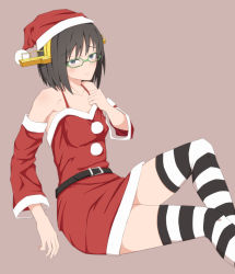 Rule 34 | 1girl, alternate costume, bare shoulders, black eyes, blush, christmas, detached sleeves, glasses, hat, intirami, kantai collection, kirishima (kancolle), kirishima kai ni (kancolle), santa costume, santa hat, short hair, solo, striped clothes, striped thighhighs, tan background, thighhighs, thighs