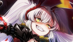 Rule 34 | 1girl, animal ears, barbatos (dungeon defense), blush, cluseller, cropped, dungeon defense, fake animal ears, female focus, fur collar, grin, half-closed eye, happy, horns, juliet sleeves, latex, light blush, long hair, long sleeves, looking at viewer, pointy ears, portrait, puffy sleeves, rabbit ears, raised eyebrow, sharp teeth, shiny clothes, sidelocks, slit pupils, smile, solo, teeth, twintails, uneven eyes, white hair, yellow eyes