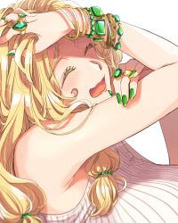 Rule 34 | 1girl, armpits, bare shoulders, blonde hair, blush, bracelet, breasts, green gemstone, eyelashes, fate/grand order, fate (series), gem, green eyes, green nails, hair ornament, highres, jewelry, large breasts, long hair, nail polish, quetzalcoatl (fate), ring, simple background, sleeveless, sleeveless sweater, smile, solo, sweat, sweater, yukataro
