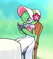 Rule 34 | 1girl, blurry, blurry background, bonnet, book, capelet, clothed pokemon, colored skin, creatures (company), day, female focus, flat chest, flower, game freak, gardevoir, gardevoir (fashionable), gen 3 pokemon, green hair, green skin, hair over one eye, hands up, hat, hat flower, highres, holding, holding book, looking down, multicolored skin, nintendo, on chair, open book, outdoors, pink trim, pokemon, pokemon (creature), pokemon unite, reading, red eyes, red flower, shiriudo, short hair, sitting, solo, table, two-tone skin, unownglyphics, white capelet, white hat, white skin