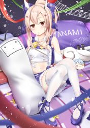 Rule 34 | 1girl, aizawa (aizawatsu), armpits, ayanami (azur lane), ayanami (low-key idol @confused) (azur lane), azur lane, blurry, blush, bow, brown eyes, character doll, character name, collarbone, commentary request, depth of field, detached sleeves, fubuki (azur lane), hair bow, hair ornament, hair ribbon, hairclip, hand on own chest, head tilt, headgear, idol, long hair, looking at viewer, midriff, musical note, navel, petals, pillow, pleated skirt, ponytail, purple footwear, retrofit (azur lane), ribbon, shoes, sidelocks, silver hair, sitting, skirt, solo, sword, thighhighs, weapon, white thighhighs, wide sleeves, zettai ryouiki