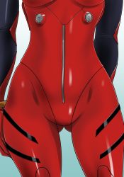Rule 34 | 1girl, breasts, close-up, head out of frame, highres, hinokawa jun, hip focus, legs, lower body, neon genesis evangelion, plugsuit, shiny clothes, simple background, solo, souryuu asuka langley, standing, thigh gap, thighs