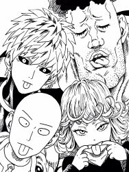 Rule 34 | 1girl, 3boys, artist request, bald, black sclera, cleft chin, colored sclera, earrings, eyebrows, eyelashes, closed eyes, facial hair, genos, greyscale, highres, ink (medium), jewelry, lee (dragon garou), monochrome, mouth pull, multiple boys, official style, one-punch man, open mouth, puri puri prisoner, saitama (one-punch man), stubble, stud earrings, tatsumaki, tongue, tongue out, traditional media