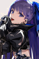 Rule 34 | 1girl, :d, blue eyes, blue ribbon, chain, ear piercing, earrings, fate/extra, fate (series), hair ribbon, highres, jewelry, long hair, looking at viewer, meltryllis (fate), open mouth, piercing, puffy sleeves, purple hair, ribbon, smile, solo, spikes, teeth, tongue, tongue out, tongue piercing, toro3