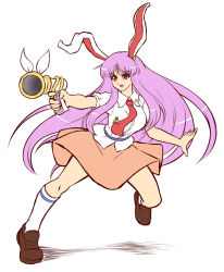 Rule 34 | 1girl, action, aiming, animal ears, breasts, brown footwear, collared shirt, crescent, crescent pin, full body, kneehighs, long hair, looking to the side, lunatic gun, mazume, necktie, open mouth, pink skirt, rabbit ears, red eyes, red necktie, reisen udongein inaba, shirt, shoes, short sleeves, sidelocks, simple background, skirt, socks, solo, thighs, tie clip, touhou, very long hair, white background, white shirt