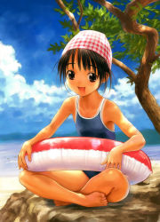 Rule 34 | 1girl, :d, barefoot, beach, black hair, blue one-piece swimsuit, brown eyes, cloud, competition school swimsuit, full body, goto p, highres, indian style, innertube, jpeg artifacts, looking at viewer, mountain, ocean, one-piece swimsuit, open mouth, outdoors, plaid, rock, school swimsuit, short hair, sitting, sitting on rock, sky, smile, solo, swim cap, swim ring, swimsuit, tan, tanline, tree, water