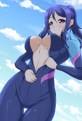 Rule 34 | 1girl, artist name, artist request, bikini, bikini top only, blue hair, blue sky, blush, bodysuit, breasts, cleavage, cloud, diving suit, female focus, highres, long hair, looking at viewer, love live!, love live! school idol festival, love live! sunshine!!, matsuura kanan, medium breasts, parted lips, ponytail, purple eyes, sky, smile, solo, striped bikini, striped clothes, swimsuit, unzipped, wetsuit